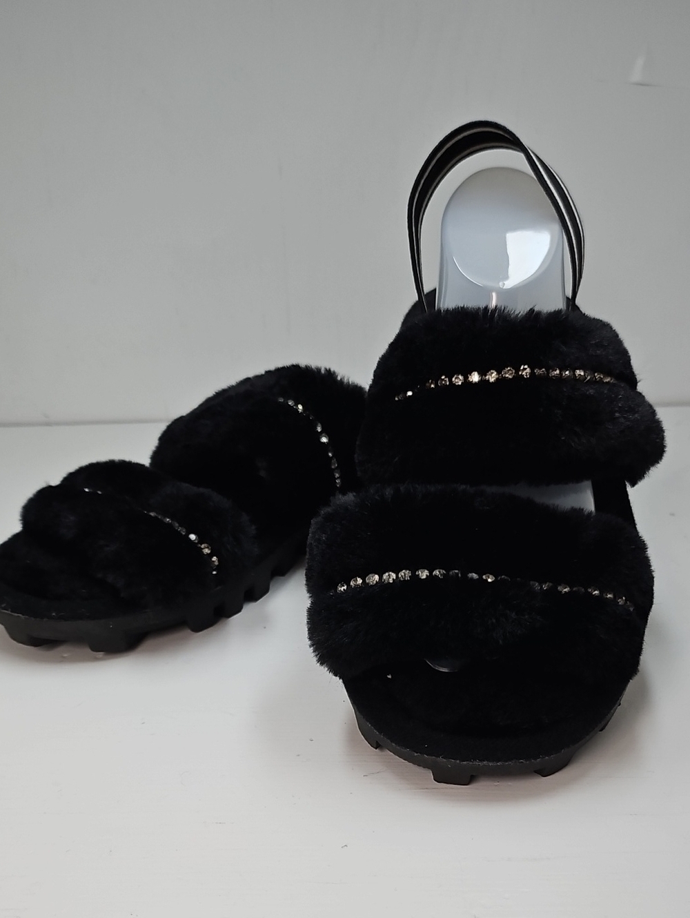Faux Fur Black Crystal-Trim Women's Slide Sandals